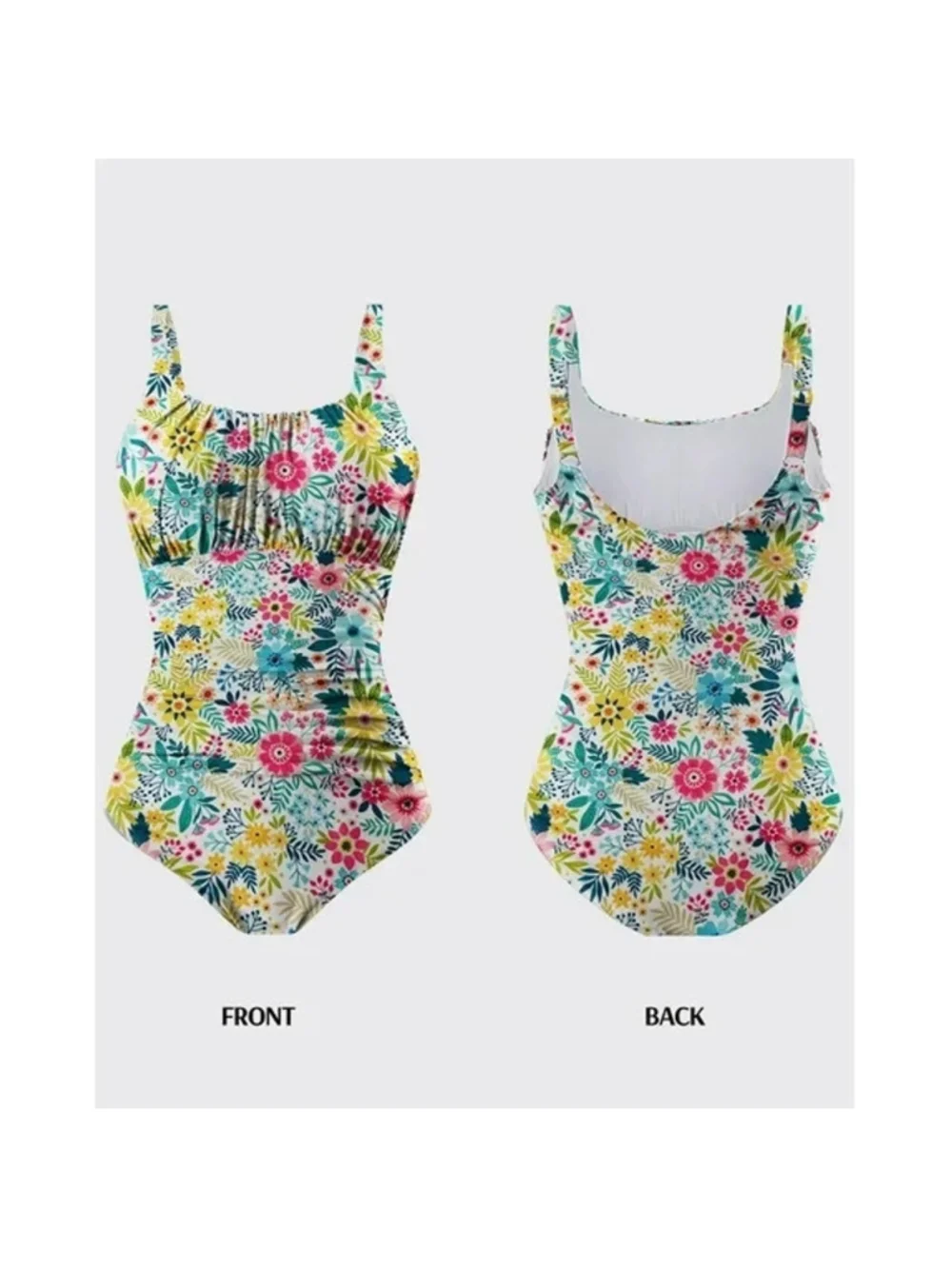 Women's One Piece Swimsuit Size L Ruched Tummy Control Square Neck Padded Floral